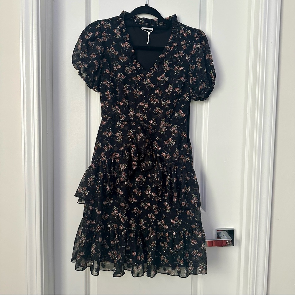Vila mini dress with tiered skirt in black ditsy floral